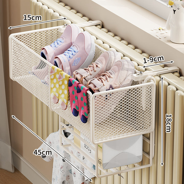 Radiator-Mounted Mesh Drying Basket for Shoes and Socks