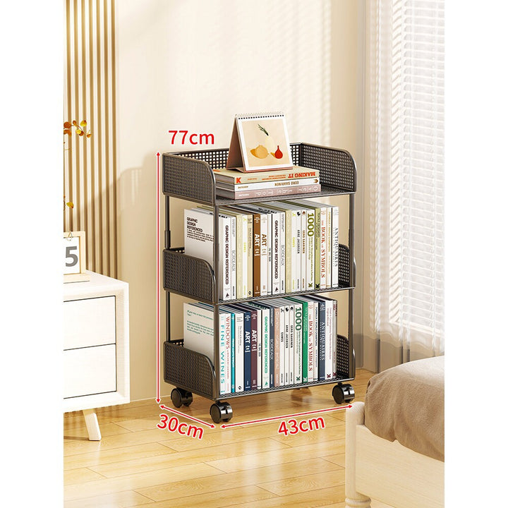 Compact Rolling Mesh Three-Tier Book and Storage Cart with Locking Casters