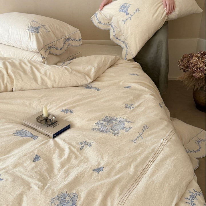 Embroidered Scalloped-Edge Cotton-Linen Duvet Cover Set