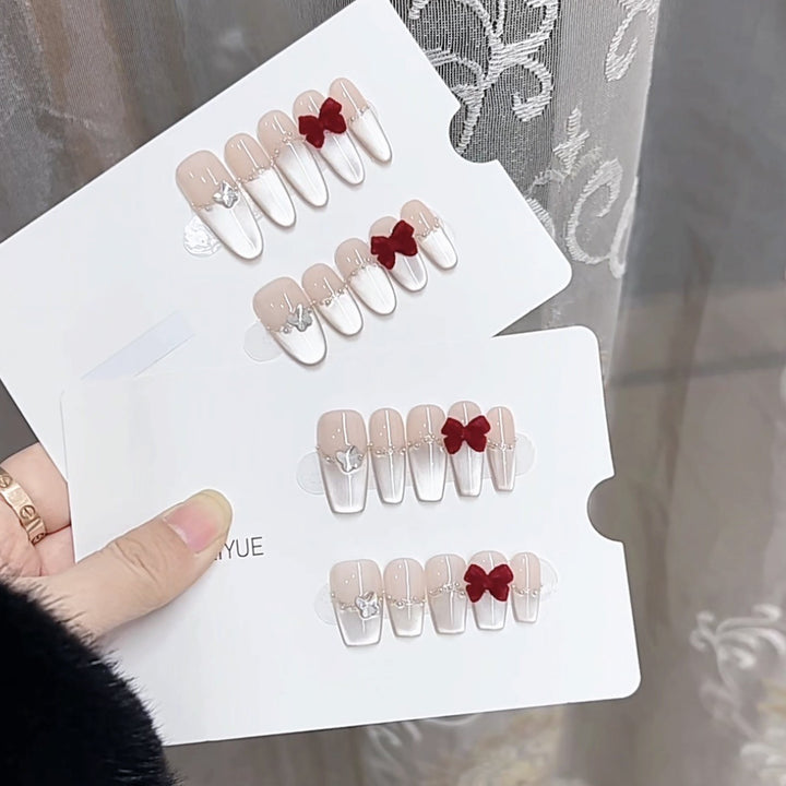 Decorative Press-On Nail Set with Elegant Bow Accents Bowlift