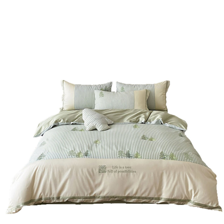 Striped duvet cover set with tree embroidery and concealed zipper