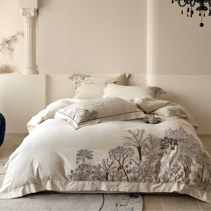 Printed Cotton Duvet Cover Set with Botanical Toile Illustration
