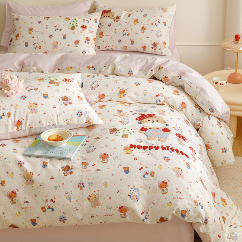 Cartoon Embroidered Cotton Duvet Cover Bedding Set