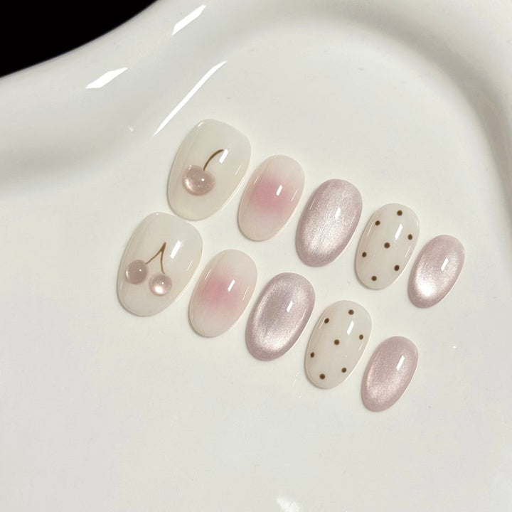 Decorative Press-On Nail Art Set with Cherry and Dot Design