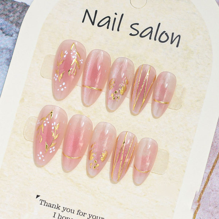 Artistic Press-On Nail Set with Cherry Blossom Design Bowlift