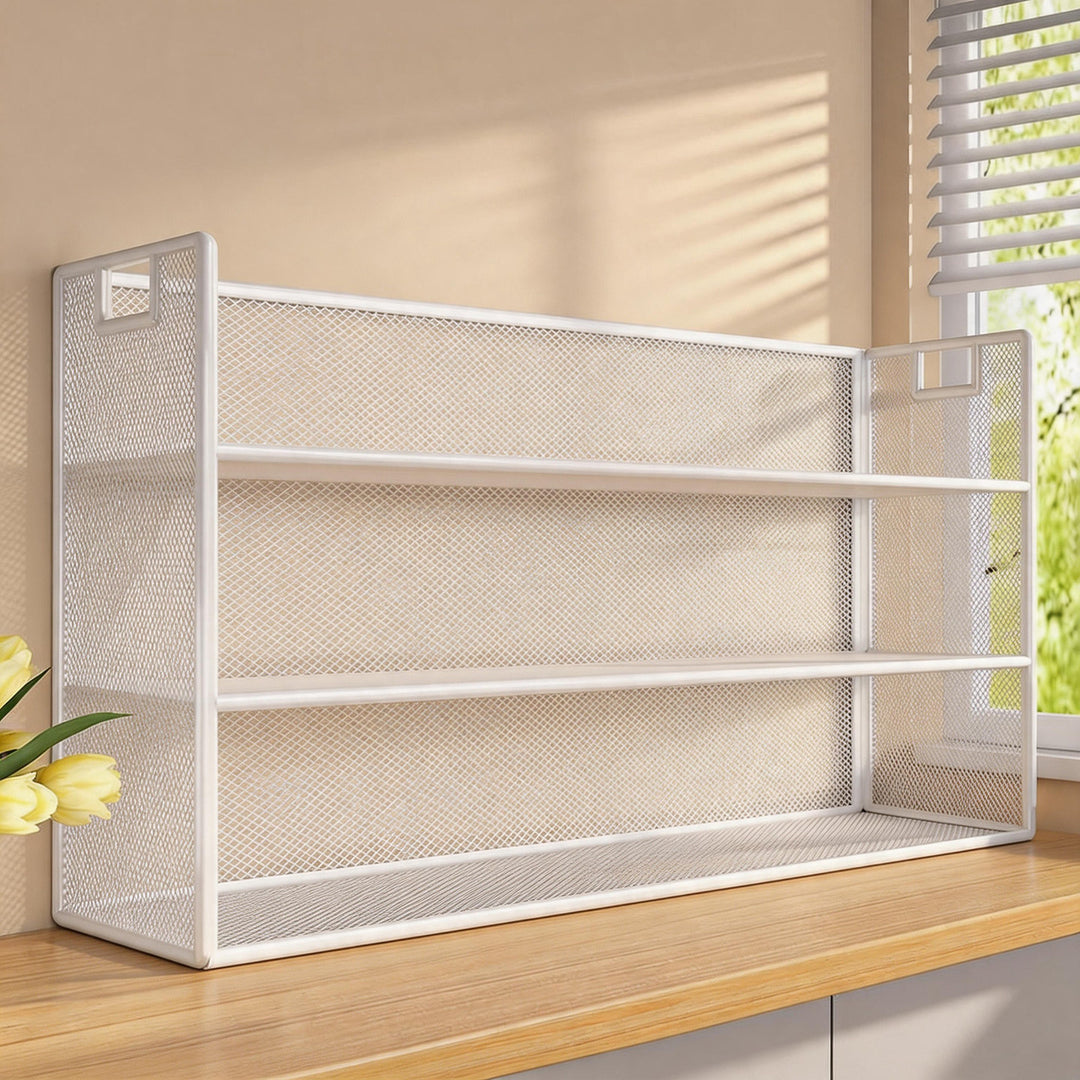 Two-Tier Metal Mesh Desktop Shelf Organizer with Handle and Open Compartments