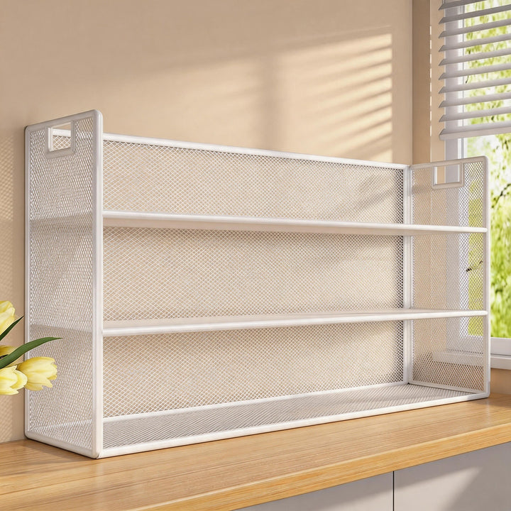 Two-Tier Metal Mesh Desktop Shelf Organizer with Handle and Open Compartments