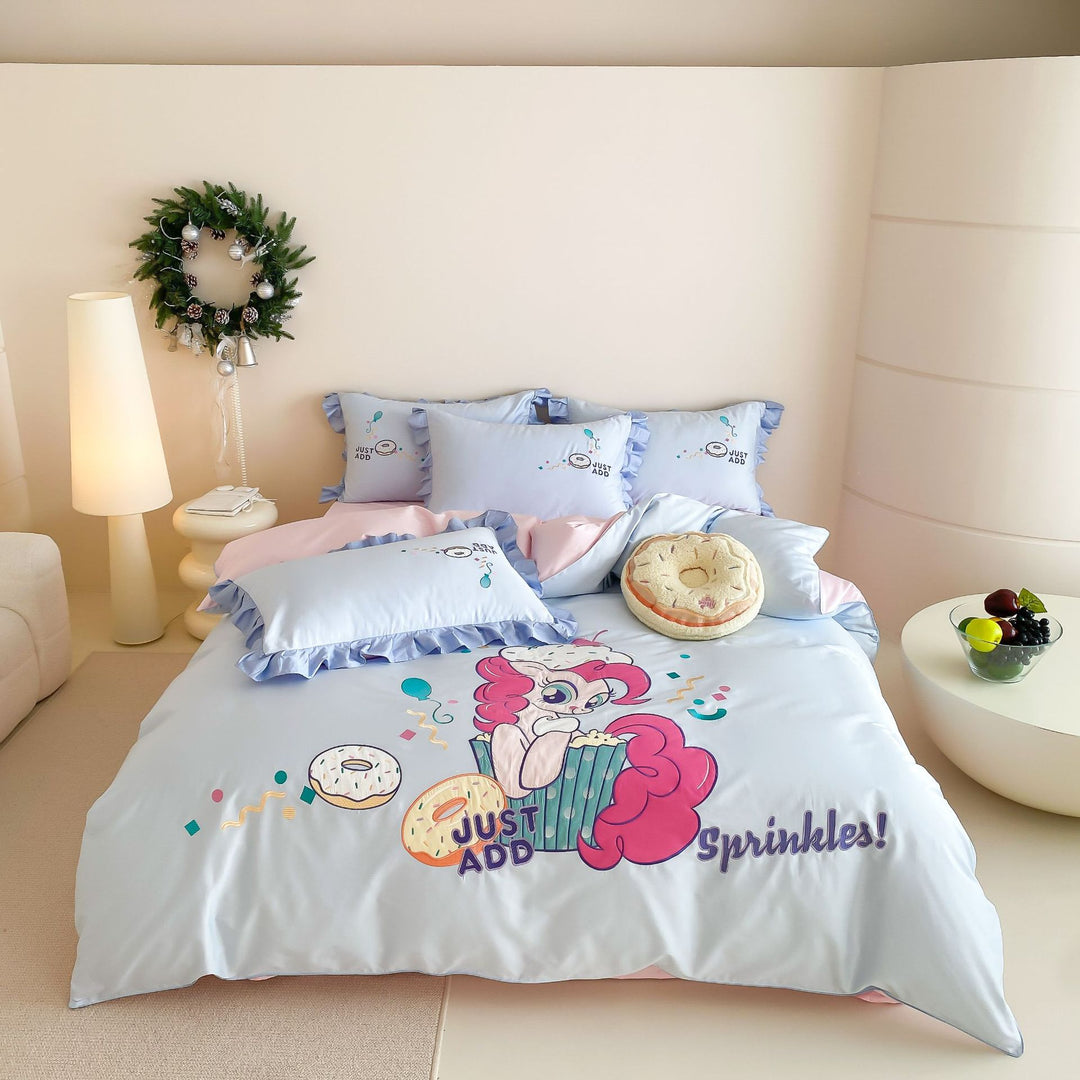 Cartoon Pony Ruffled Satin Duvet Cover Bedding Set