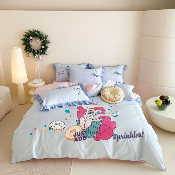 Cartoon Pony Ruffled Satin Duvet Cover Bedding Set