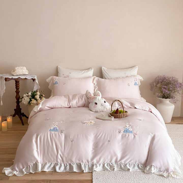 Embroidered Ruffled Bedding Set with Plush Character Pillow