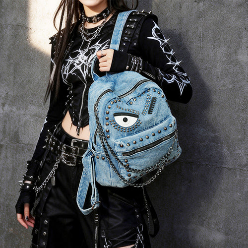 Stylish Denim Backpack with Decorative Rivets