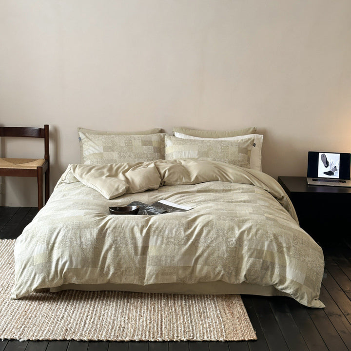 Reversible Cotton-Sateen Patchwork-Texture Duvet Cover Set with Deep-Fit Corners & Oxford Shams