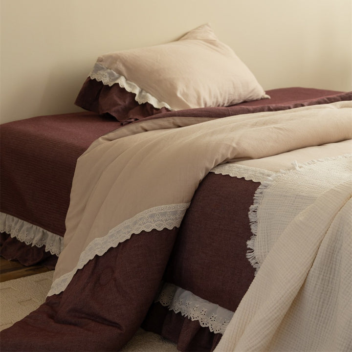 Lace-Trim Ruffled Cotton-Linen Layered Duvet Cover Set
