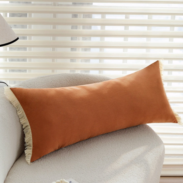 Rectangular Fringe Lumbar Cushion Cover made of Velvet Imitation with Soft Microfiber Surface Bowlift