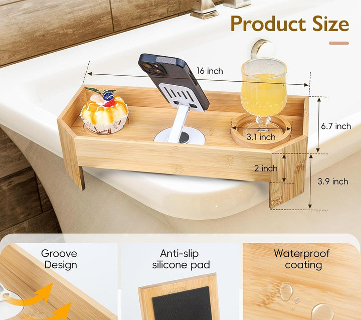Adjustable Bamboo Bathtub Caddy With Foldable Tablet Stand And Drink Holder Bowlift