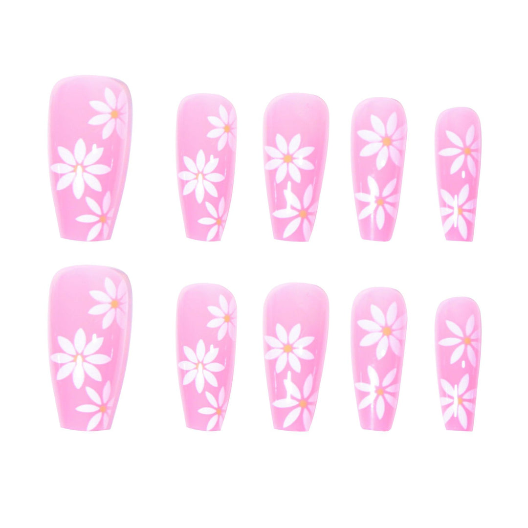 Daisy-Decorated Long Acrylic Press-On Nails Bowlift