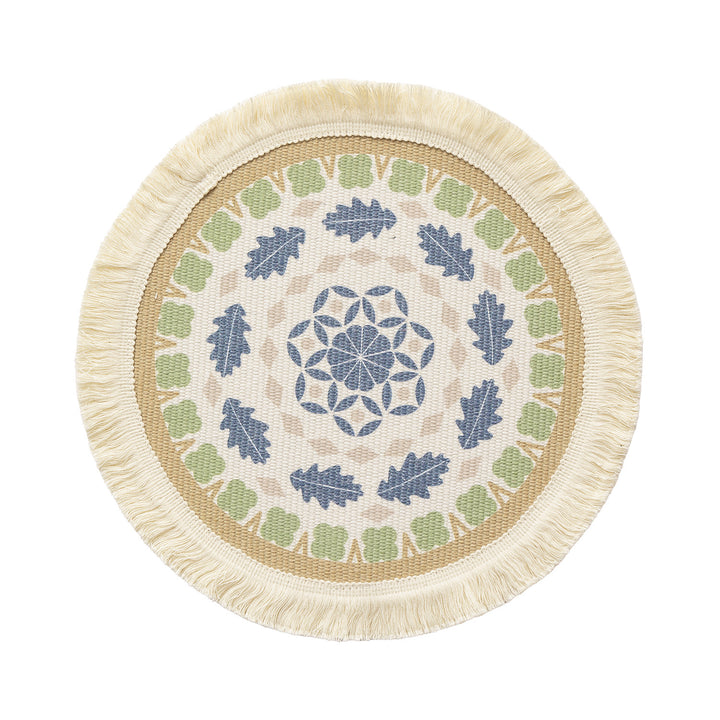 Round handmade woven decorative rug with fringes and botanical pattern Bowlift