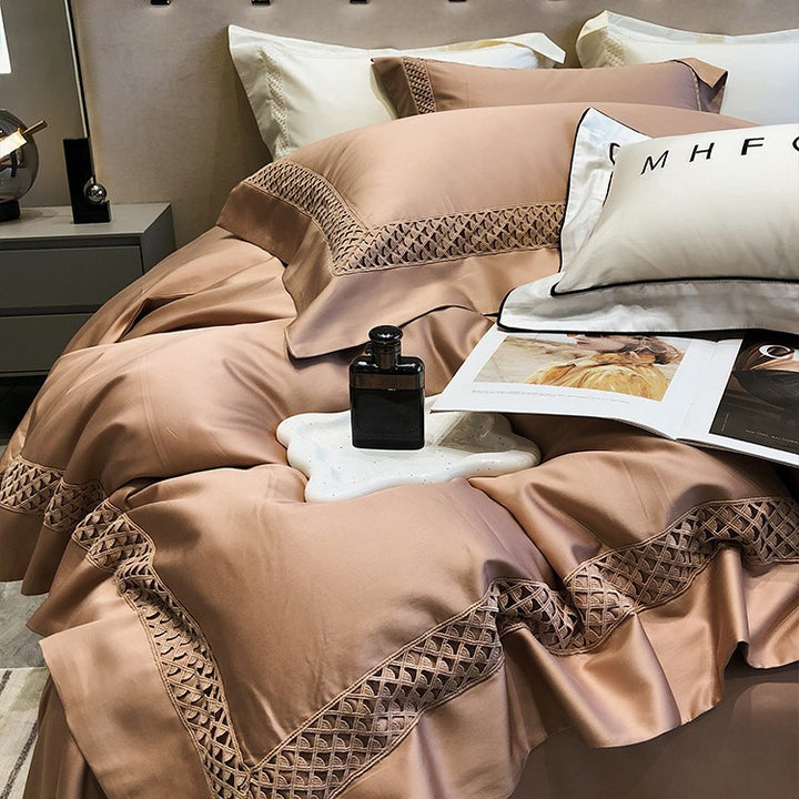 Satin-Feel Lattice-Trim Ruffled Duvet Cover Set