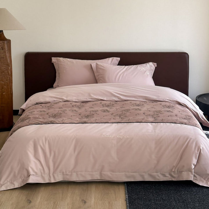 Reversible Cotton Sateen Duvet Cover Set with Embroidered Script & Floral Center Panel