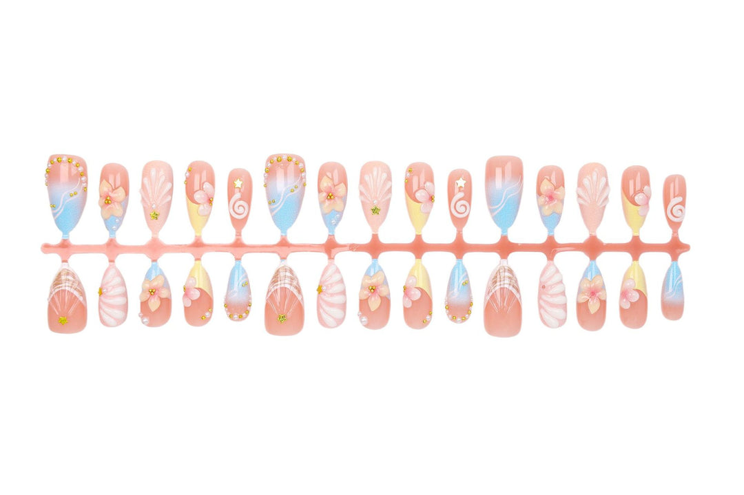 Artificial nail set with elegant flower and shell design Bowlift