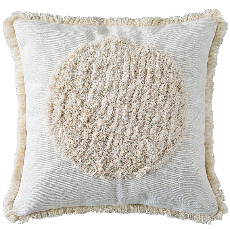 Square decorative pillow cover with fringes and hand-tufted diagonal stripes