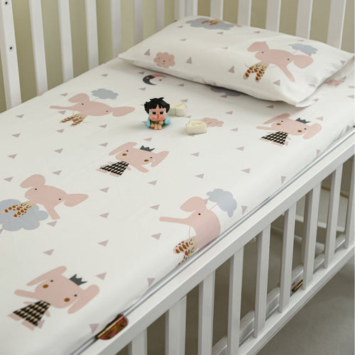 Printed Organic Cotton Fitted Crib Sheet & Pillowcase Set with Cute Elephant and Cloud Nursery Pattern
