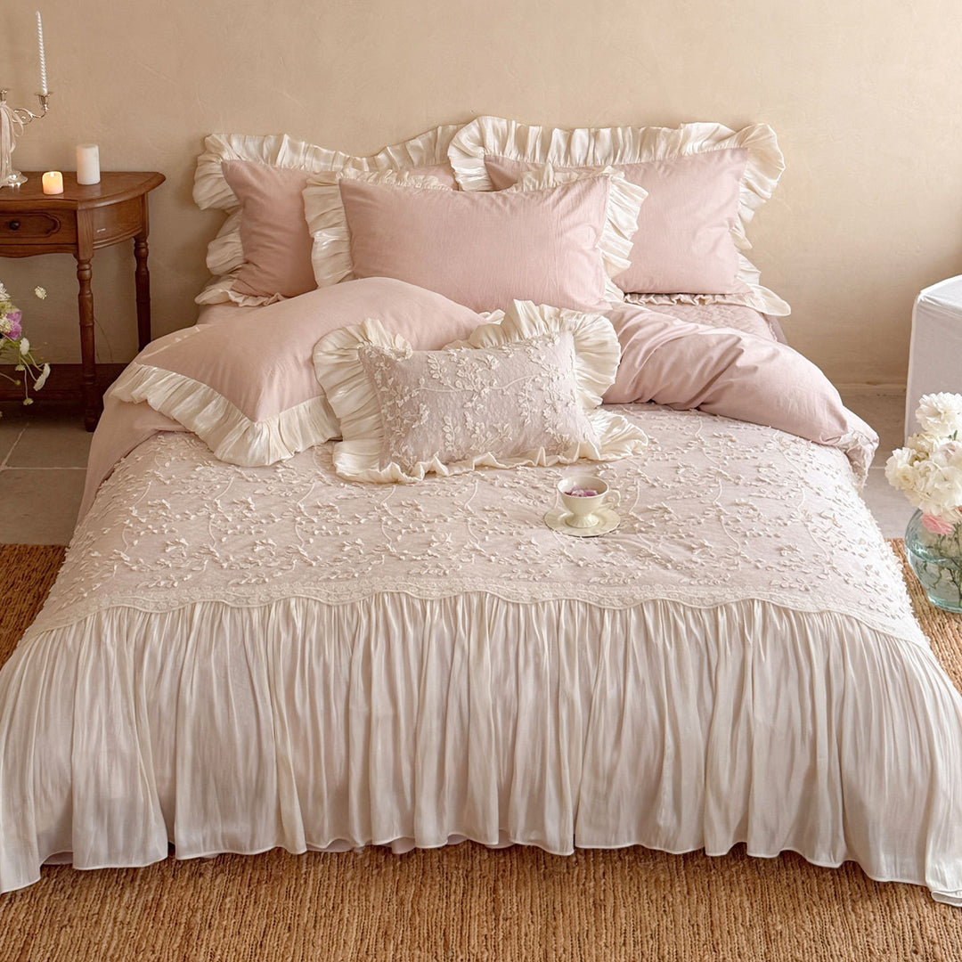 Ruffled Floral Embroidered Linen Duvet Cover Set