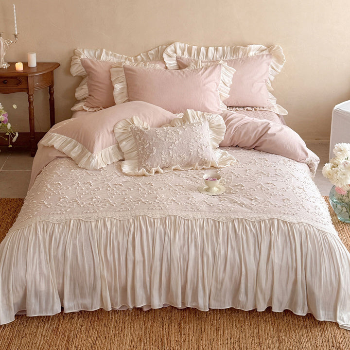 Ruffled Floral Embroidered Linen Duvet Cover Set