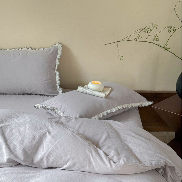 Washed Linen-Texture Duvet Cover Set with Eyelet Lace Ruffle & Hidden Closure