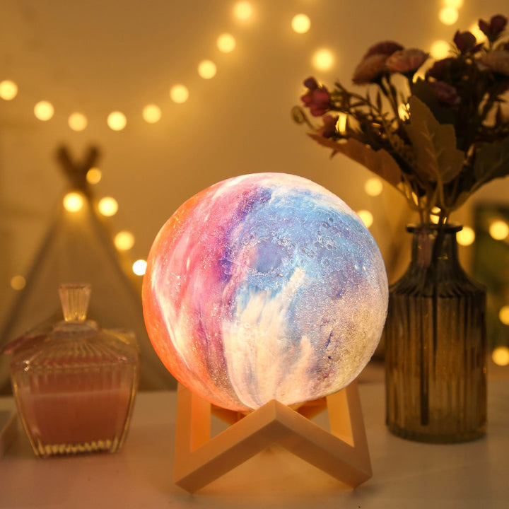 3D Lunar Texture LED Orb Night Lamp with Wooden Geometric Stand Bowlift