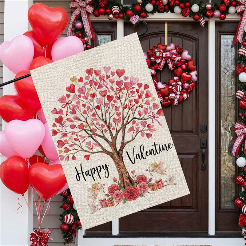 Double-Sided Burlap-Texture Rose Heart Wreath Welcome Garden Flag