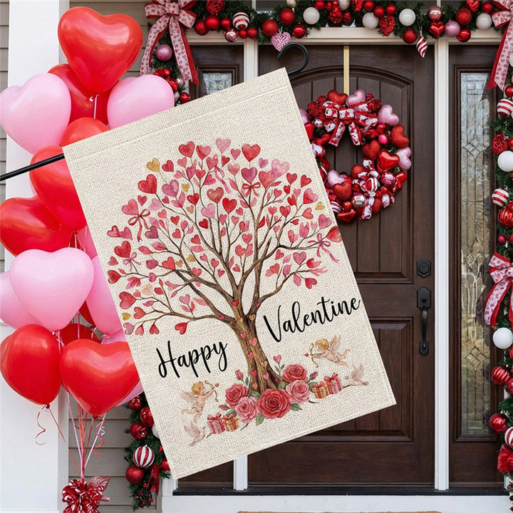 Double-Sided Burlap-Texture Rose Heart Wreath Welcome Garden Flag