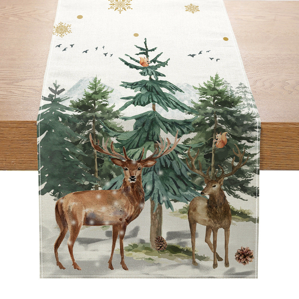 Festive Buffalo Check Cotton-Linen Table Runner with Merry Christmas Pine Design