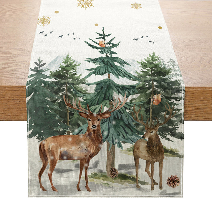 Festive Buffalo Check Cotton-Linen Table Runner with Merry Christmas Pine Design
