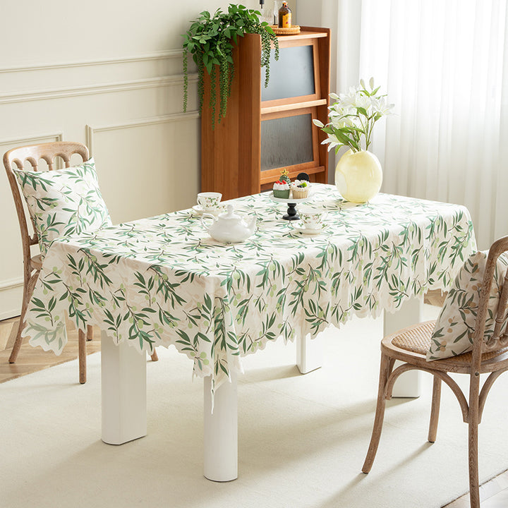 Rectangular tablecloth with olive branch pattern and wavy hem