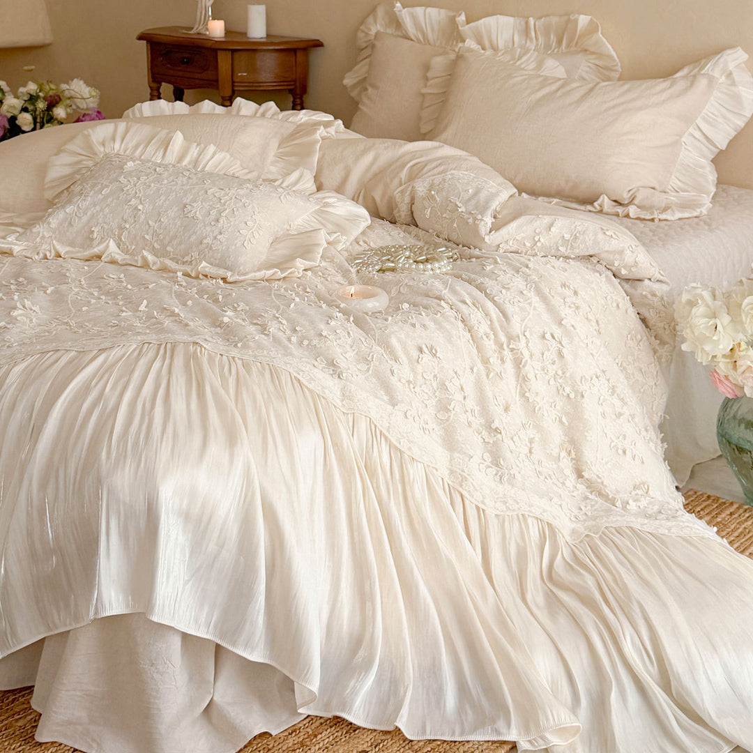 Ruffled Floral Embroidered Linen Duvet Cover Set