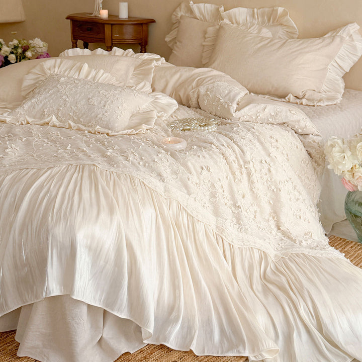 Ruffled Floral Embroidered Linen Duvet Cover Set