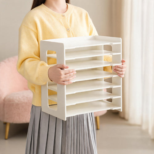 Desktop Multi-Tier Paper and Document Organizer Shelf with Slotted Trays
