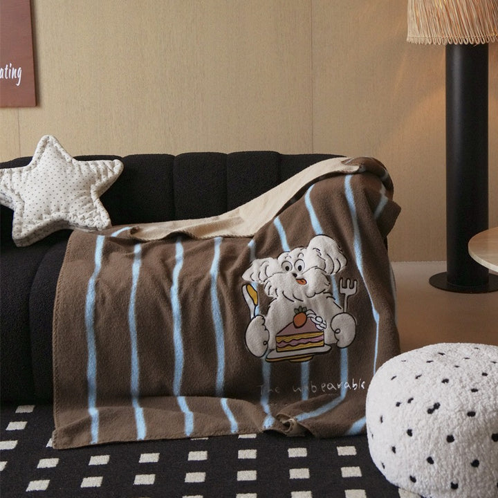 Reversible Plush Striped Microfleece Throw Blanket with Embroidered Accent