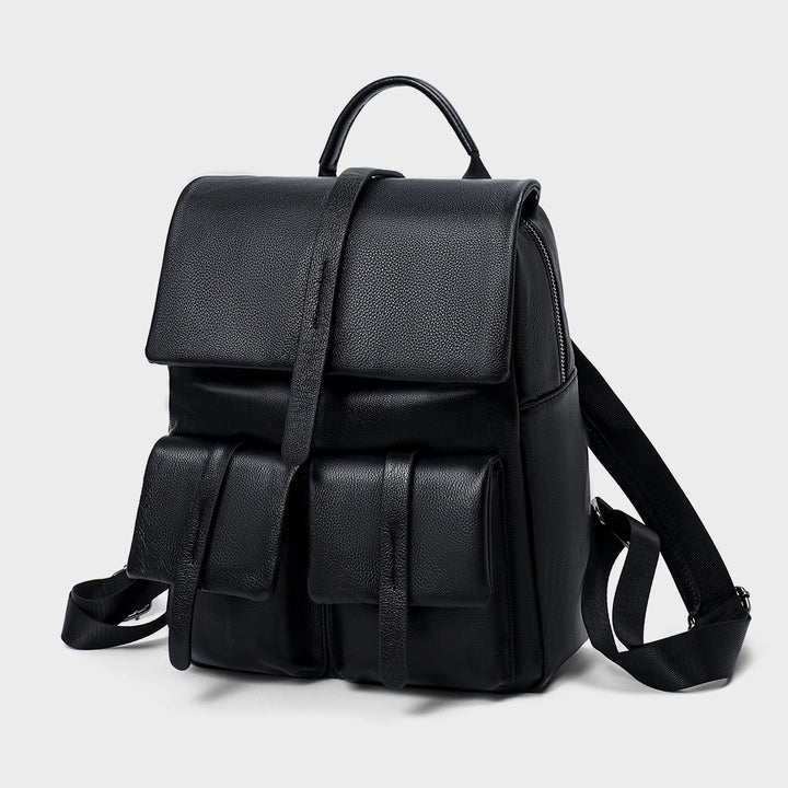 Leather Flap Backpack with Dual Front Pouches and Top Handle