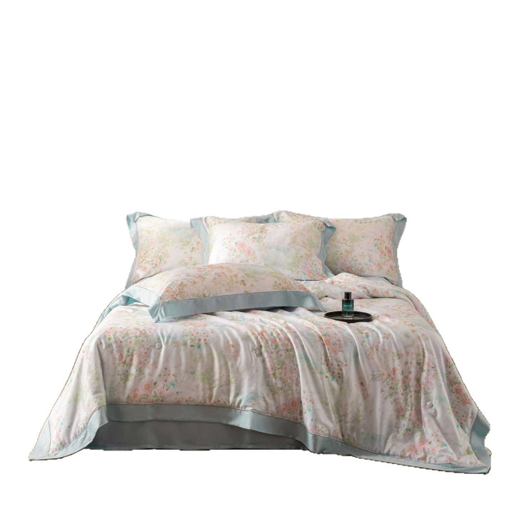 Luxurious cotton satin bedding set with delicate leaf design and hem detail