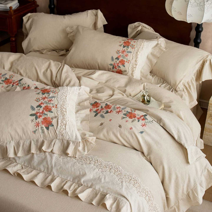 Embroidered Floral Ruffled Cotton Duvet Cover Set