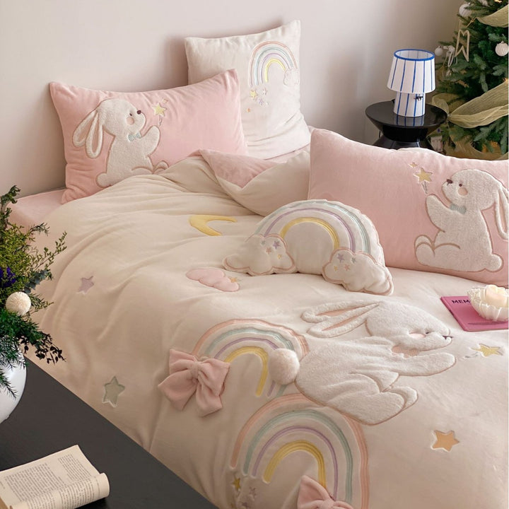 Children's bedding set with appliquéd rabbits, 3D bows and rainbow appliqué