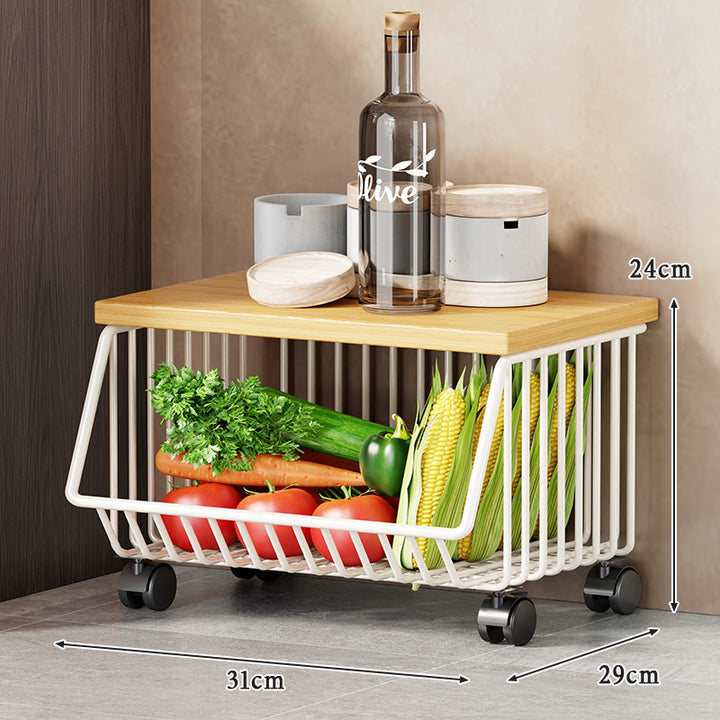 Slim Rolling Kitchen Wire Basket Pantry Organizer with Wooden Top