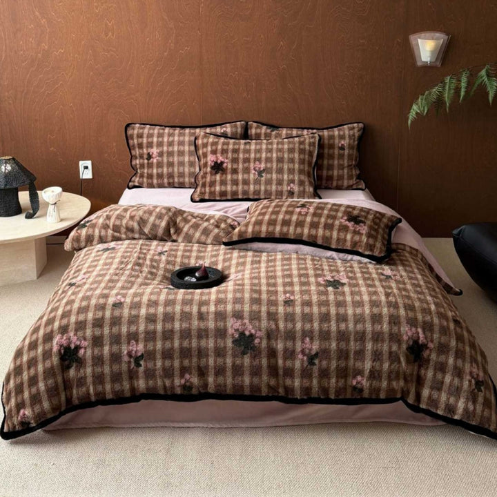 Textured Plaid Floral Velvet-Trim Duvet Cover Set