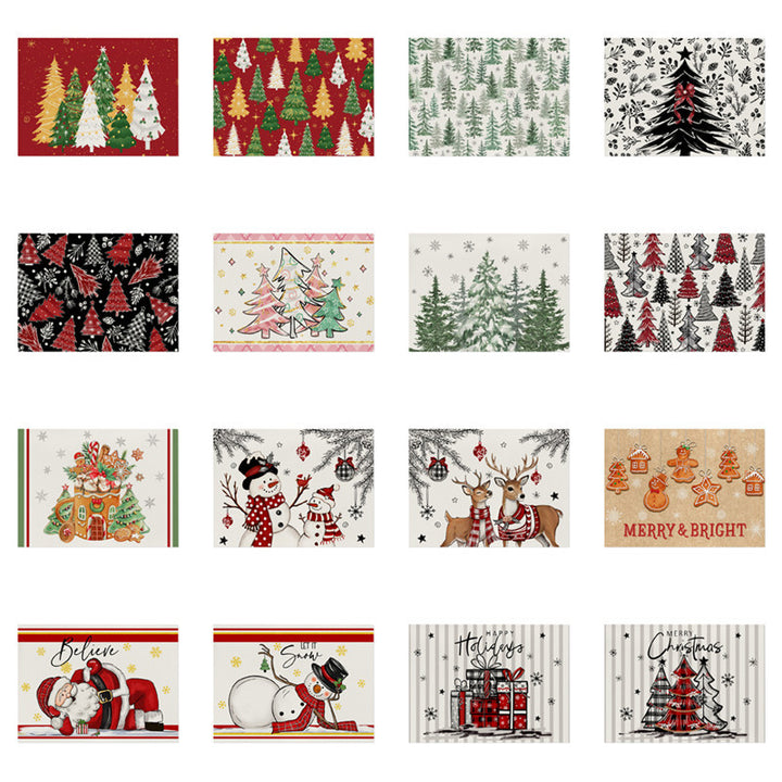 Decorative Rectangular Cotton-Linen Holiday Tablecloth with Repeating Hand-Painted Christmas Tree Motif
