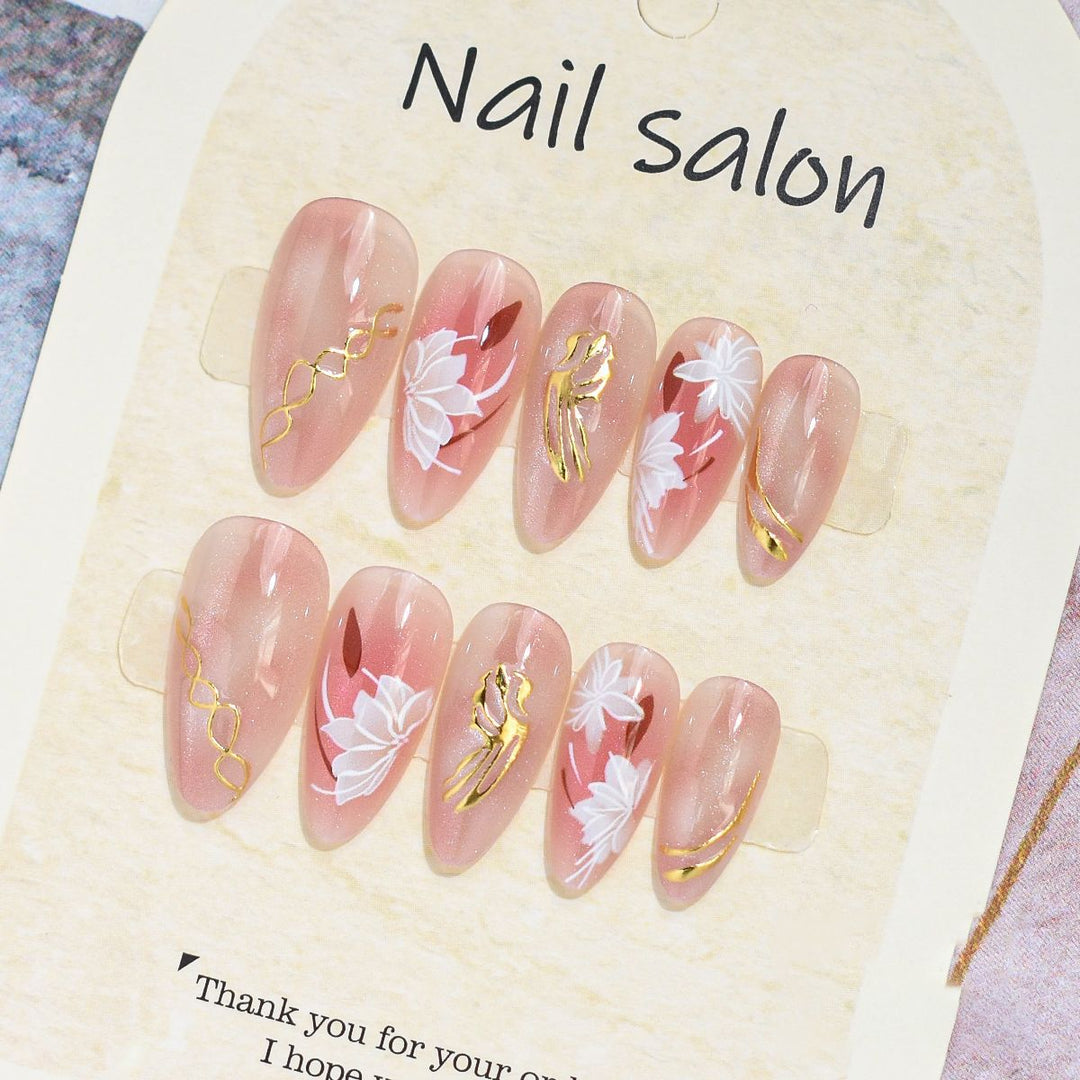 Artistic Press-On Nail Set with Cherry Blossom Design Bowlift
