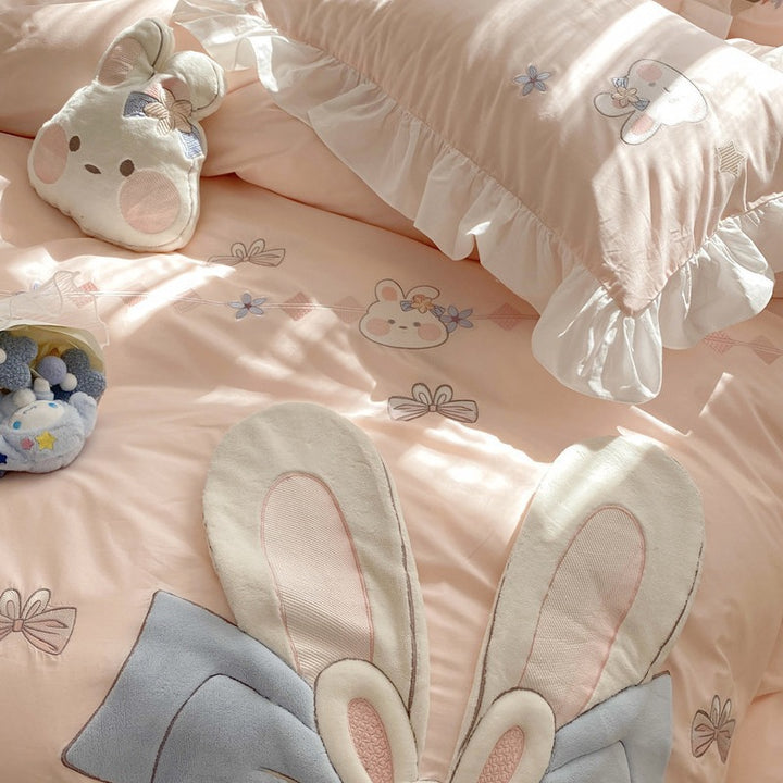 Playful cotton satin bedding set with 3D rabbit appliqué, frill pillow and fine embroidery