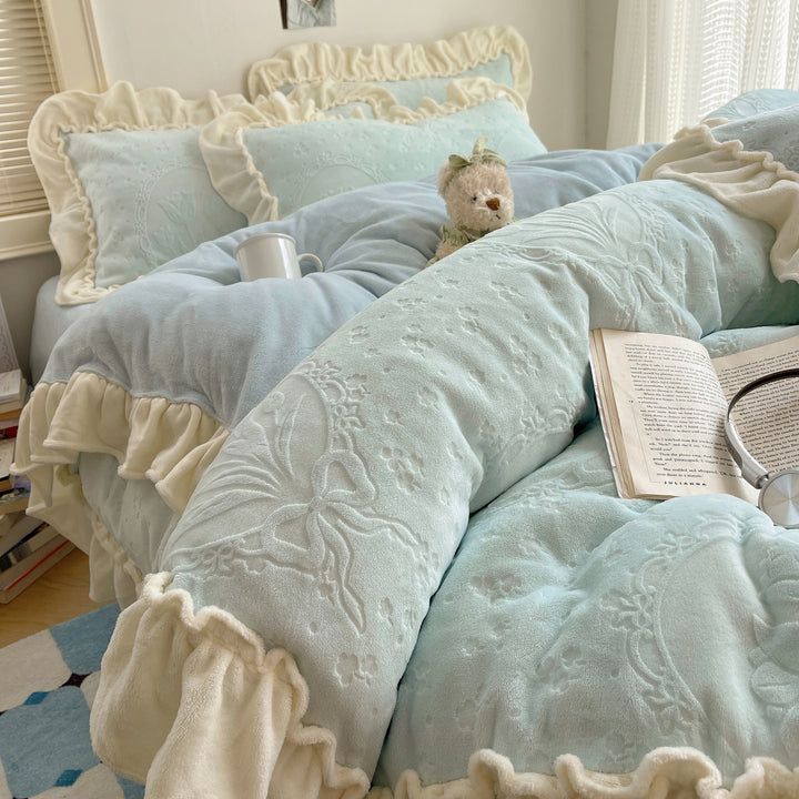 Plush Embossed Jacquard Ruffled Comforter and Sham Set