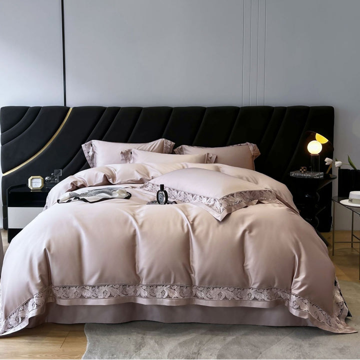 High-quality satin bed linen set with floral lace trim